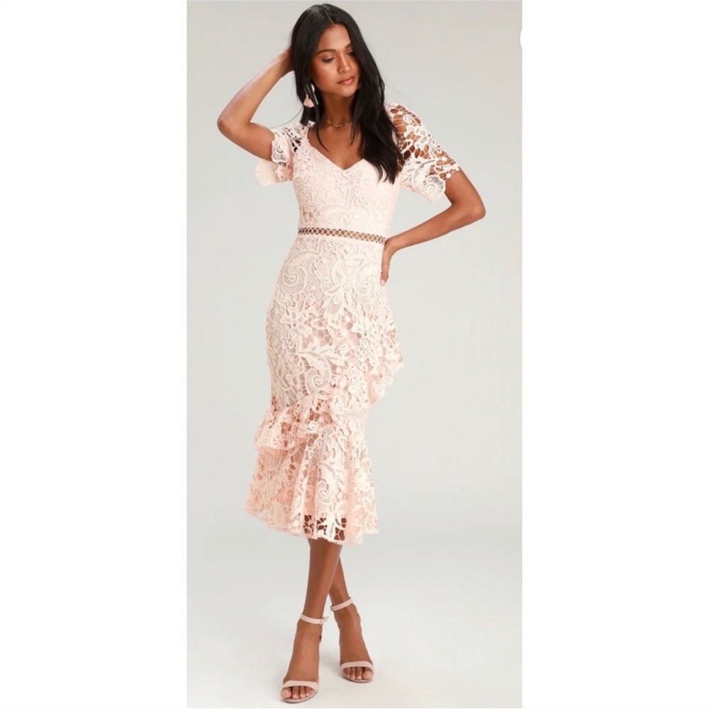 Lulus Briarwood Blush Pink Lace Ruffled
Midi Dress